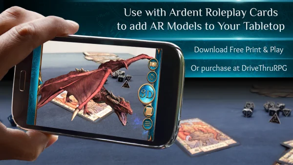 An ad for Ardent Roleplay. A dragon is being shown on a smartphone. The smartphone is being pointed at an AR image marker