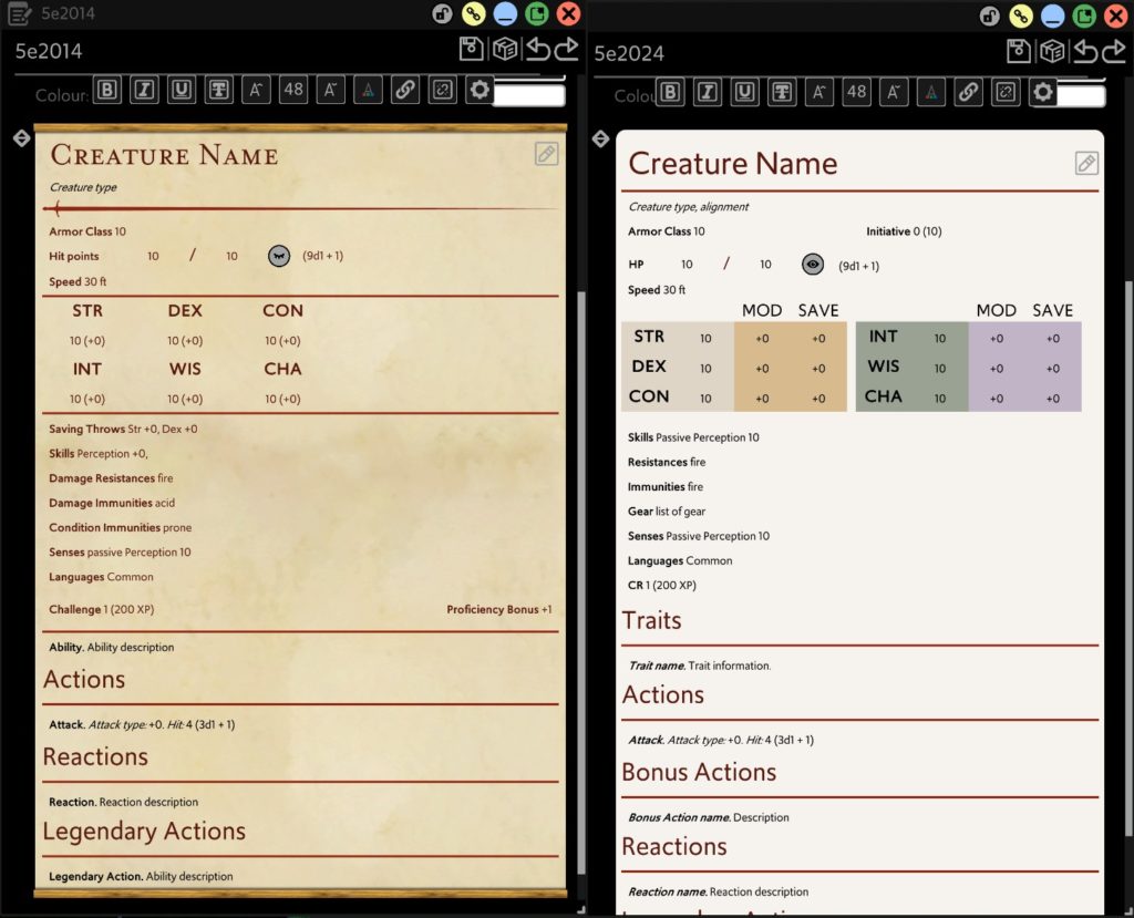 This image shows the 5e 2014 and 5e 2024 stat blocks in the Arkenforge Toolkit