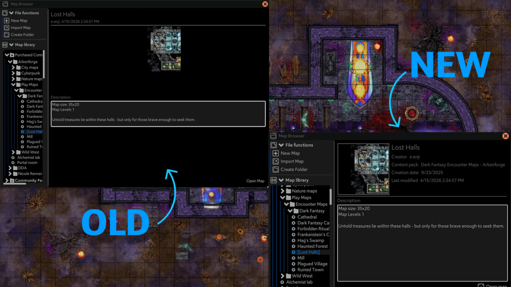 This image shows the old and new Map Browser windows side by side. The new one looks better than the old one.