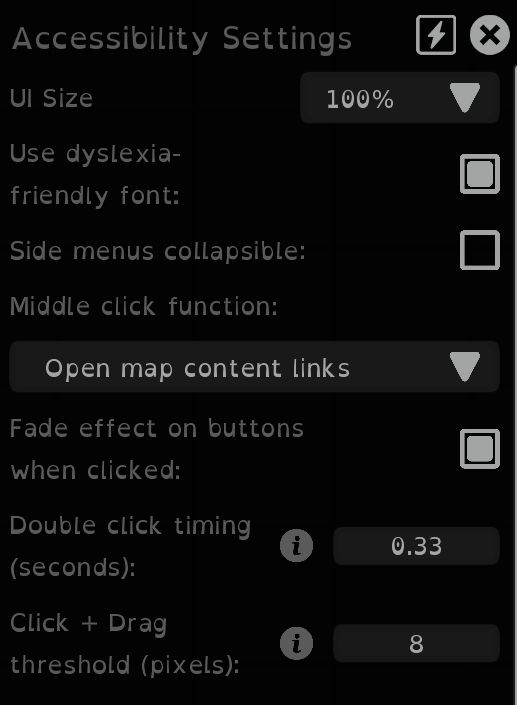 The Accessibility menu in Arkenforge, shown in the OpenDyslexic font