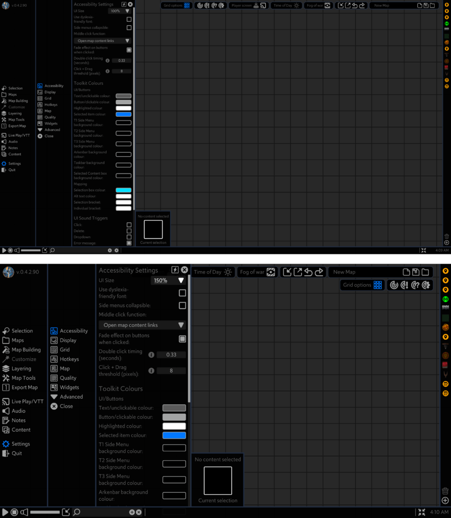 A comparison between the Arkenforge UI at 100% and 150%