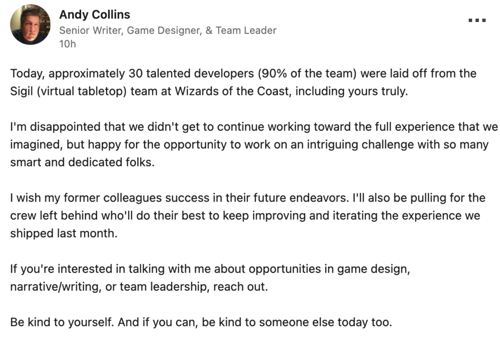 This image shows a LInkedIn post from Andy Collins, where he informs us that the Project Sigil development team has been laid off.