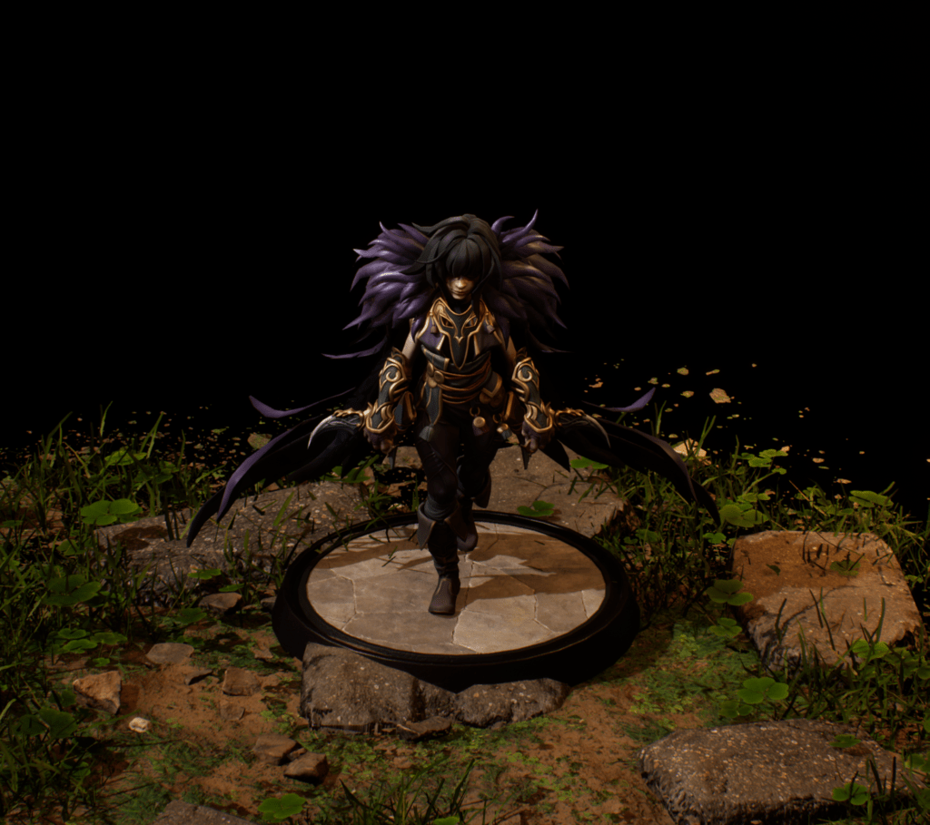 This image shows a rogue standing on a dirt path, with a black background behind her.