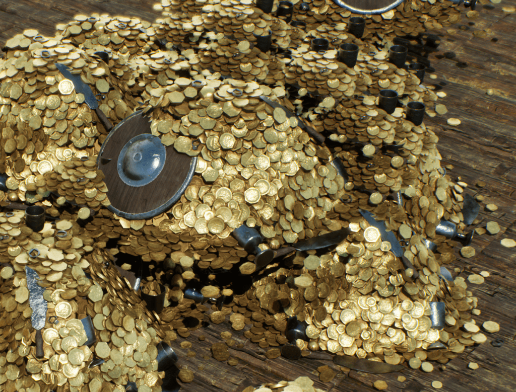 This image features large piles of treasure and gold coins.