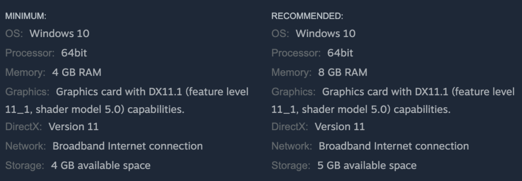 This image shows the minimum and required computer specs for Talespire