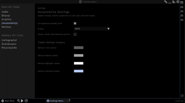 The Accessibility panel in the Master's Toolkit. UI scale is set to 150%, and the OpenDyslexic font is enabled. Various UI recolouring options are also shown