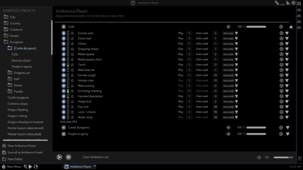 The Ambience Player window of the Master's Toolkit. Three presets are active in the player, with one expanded to show several ambience tracks