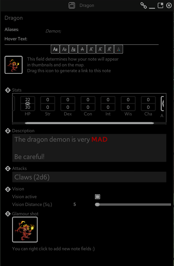 The note for a Dragon Demon is shown on screen. Stat fields are shown, as well as descriptive text, vision, and media fields