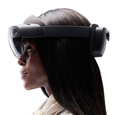 A picture of a woman side-on, wearing a hololens 2 headset
